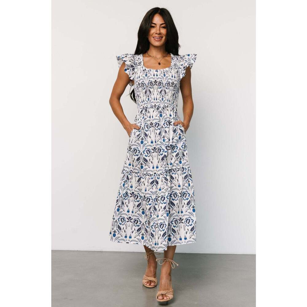 Baltic Born Rhodes Smocked Dress | White + Blue Print Size XL